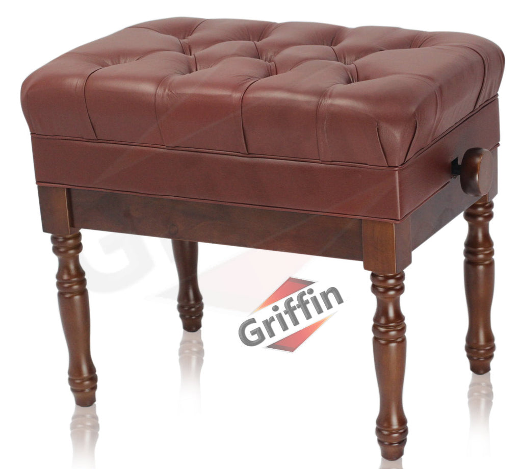 Genuine Leather Adjustable Piano Bench by GRIFFIN - Brown Solid Wood Vintage Design, Heavy-Duty & Ergonomic Keyboard Stool - Seat With Storage Space GeekStands.com