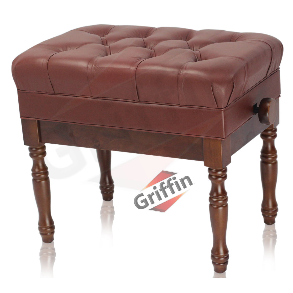Genuine Leather Adjustable Piano Bench by GRIFFIN | Brown Solid Wood Vintage Design, Heavy-Duty & Ergonomic Keyboard Stool | Comfortable Seat With Storage Space Perfect For Home & Professional Use GeekStands.com