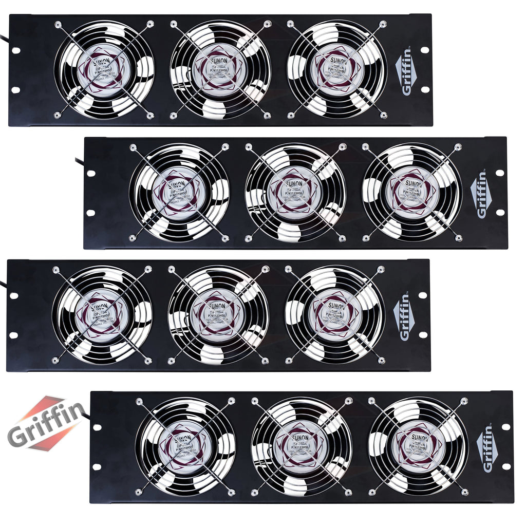 4 PACK - GRIFFIN Rackmount  Exhaust Fan | 3U Ultra-Quiet Triple Cooling Fans, Keep Studio Audio Equipment Gear Cool | Rack Mount on Network IT System Server Rails | Temperature Control Panel Cabinet GeekStands.com
