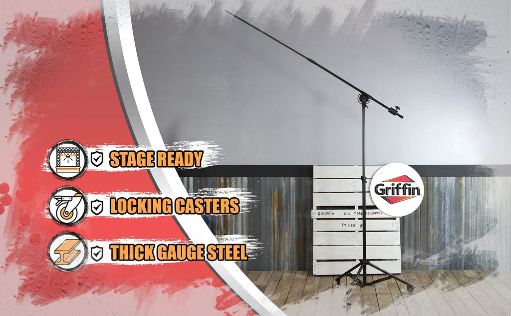 GRIFFIN Professional Studio Microphone Boom Stand with Casters | Extended Height Recording Mic Holder Tripod on Wheels | Tall Telescoping Arm Mount & Retractable Legs for Vocals, Choir, Overhead Drums GeekStands.com