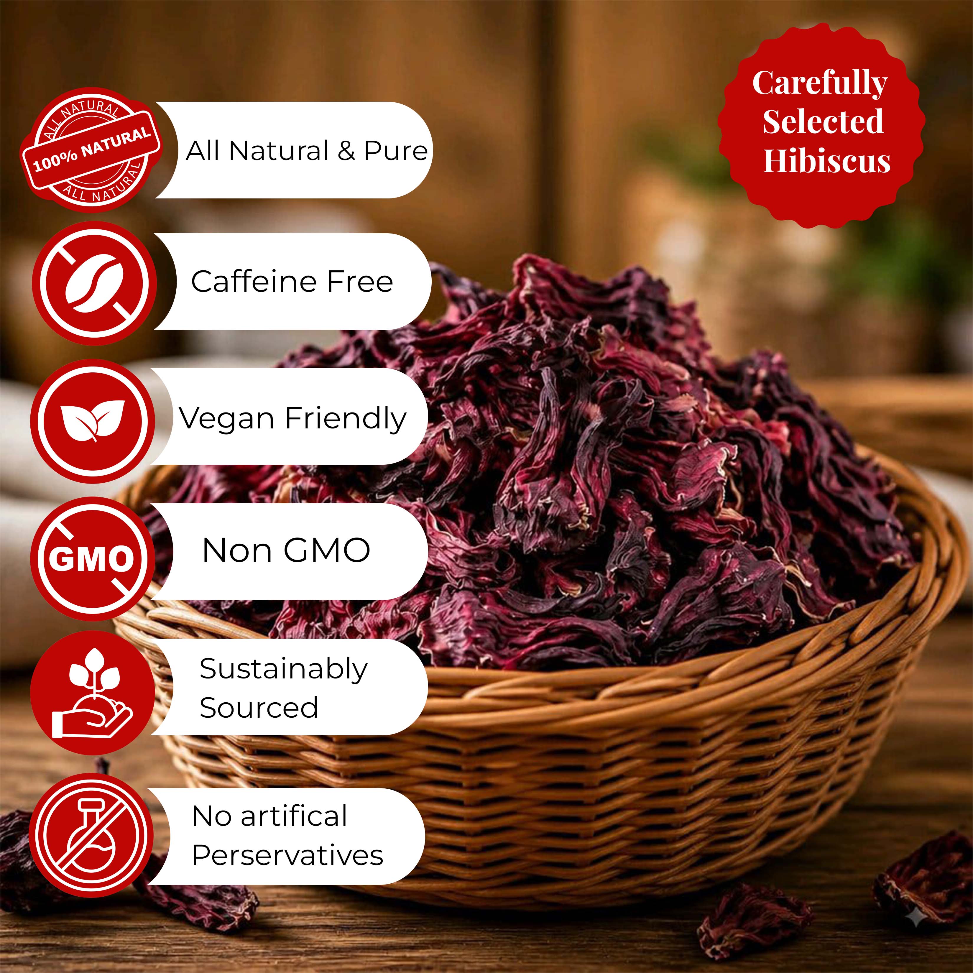 Dried Hibiscus Flowers 5oz – Loose Leaf Herbal Tea | Caffeine-Free, Non-GMO, Vegan Akshit