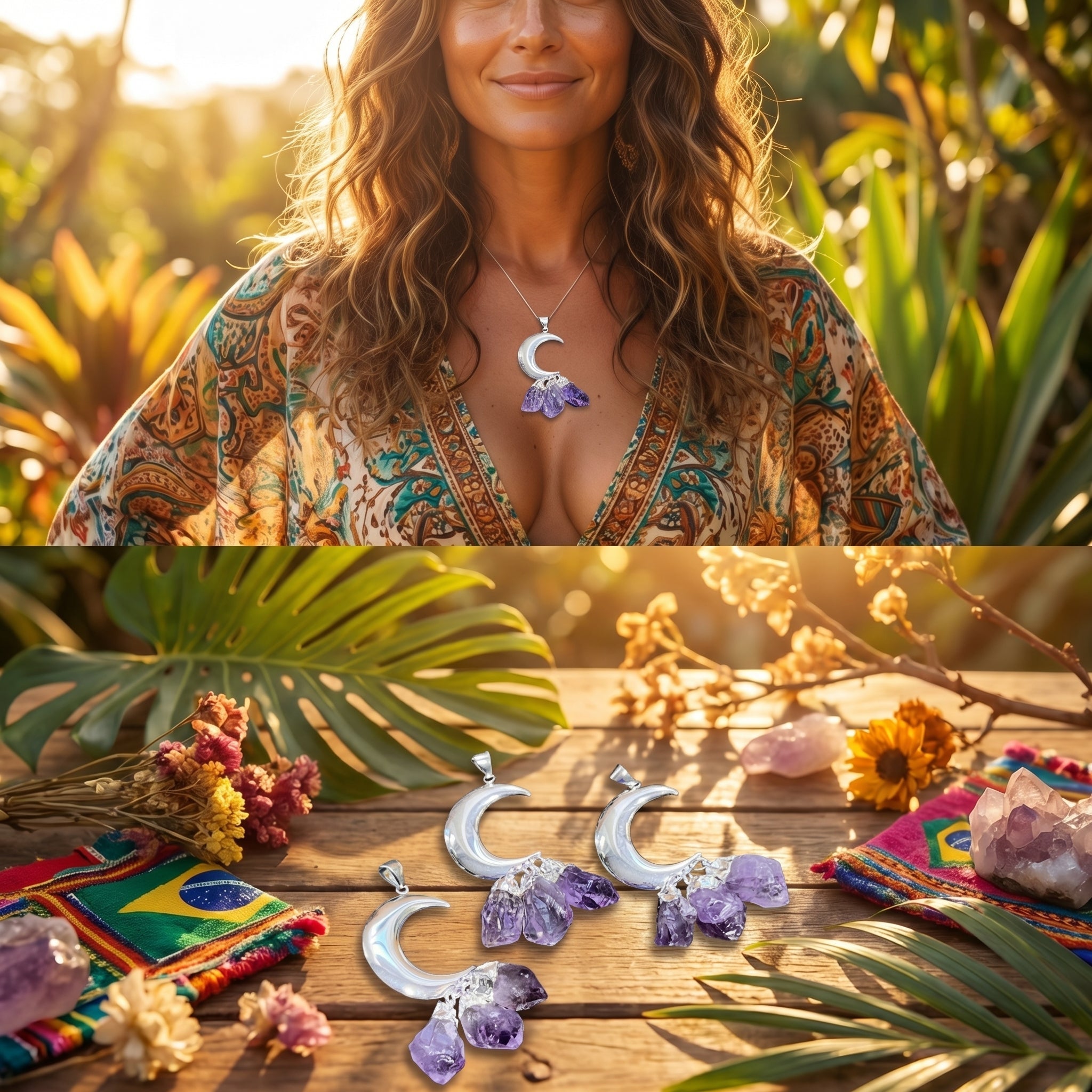 Amethyst Crystal Crescent Moon Pendant (Silver Plated) Amazing Crystals