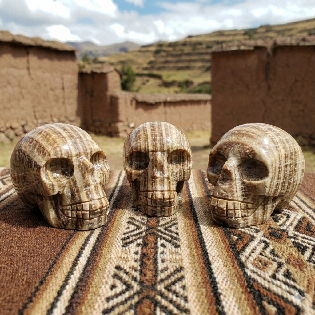 Peruvian Brown Banded Aragonite Skull Carving Amazing Crystals