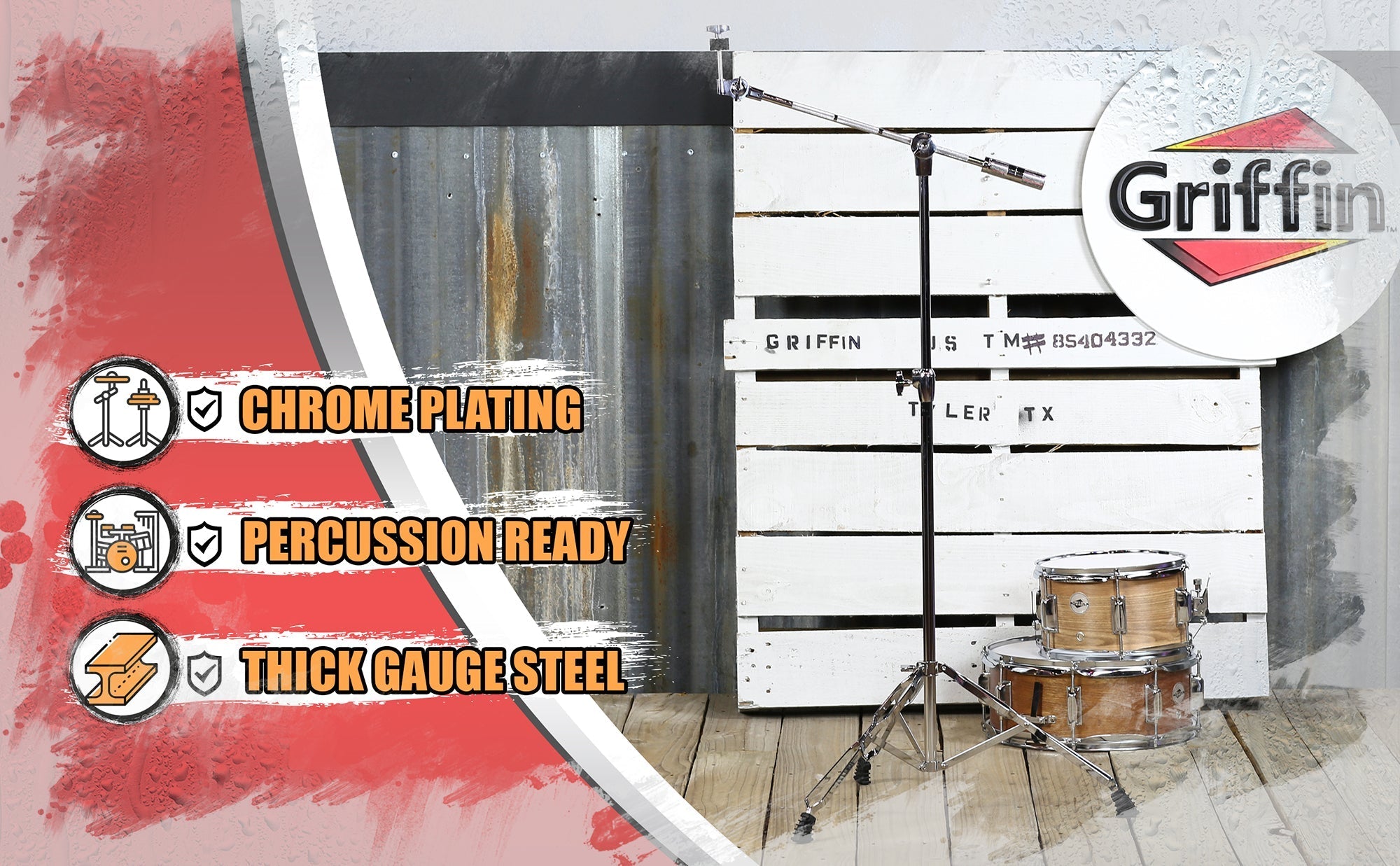 GRIFFIN Cymbal Boom Stand - Double Braced Drum Percussion Gear Hardware Set - Adjustable Height - Arm Holder With Counterweight Adapter for Mounting GeekStands.com