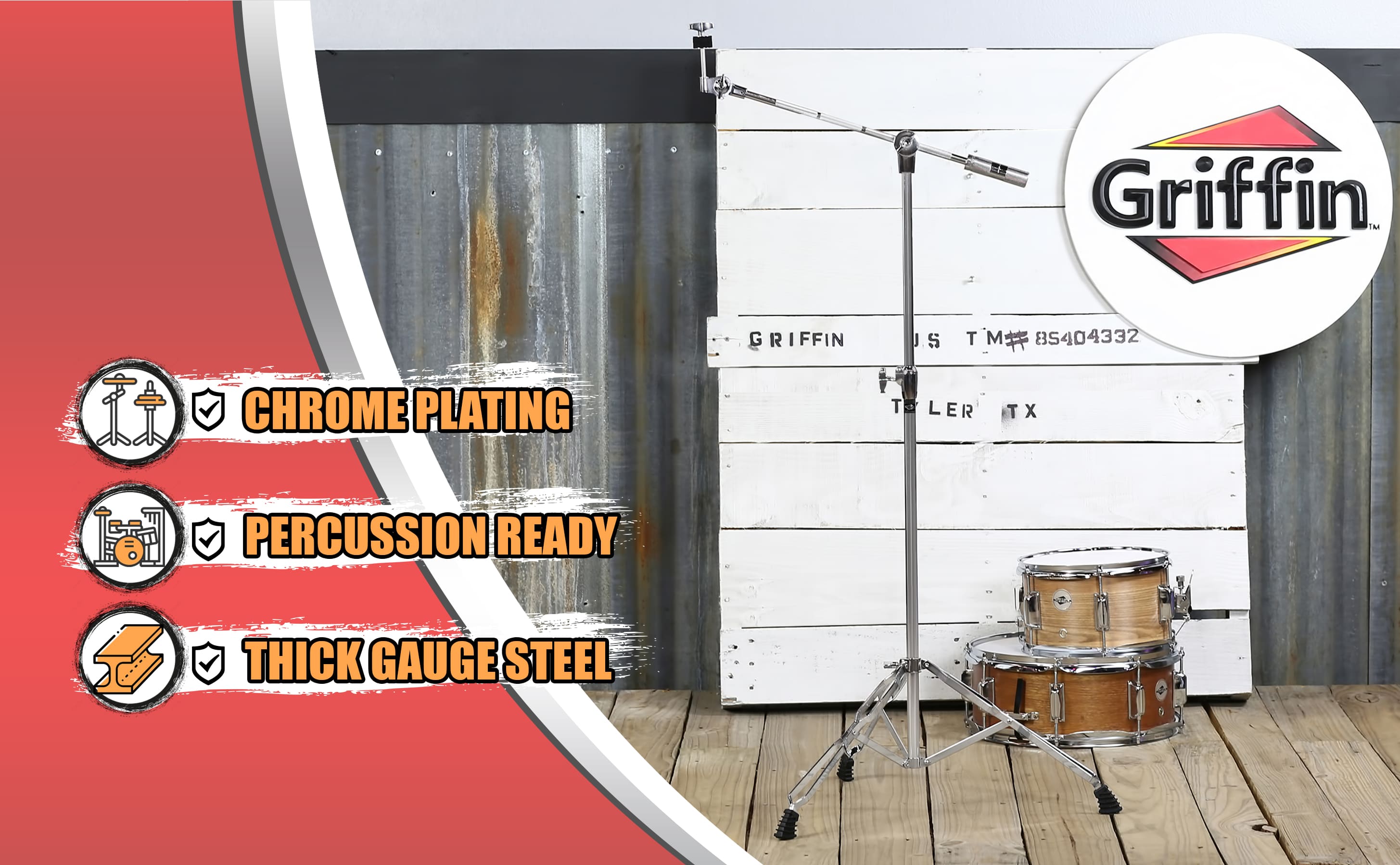 GRIFFIN Cymbal Boom Stand | Double Braced Drum Percussion Gear Hardware Set | Adjustable Height | Arm Holder With Counterweight Adapter for Mounting Heavy Duty Weight Crash &Ride Cymbals For Drummers GeekStands.com