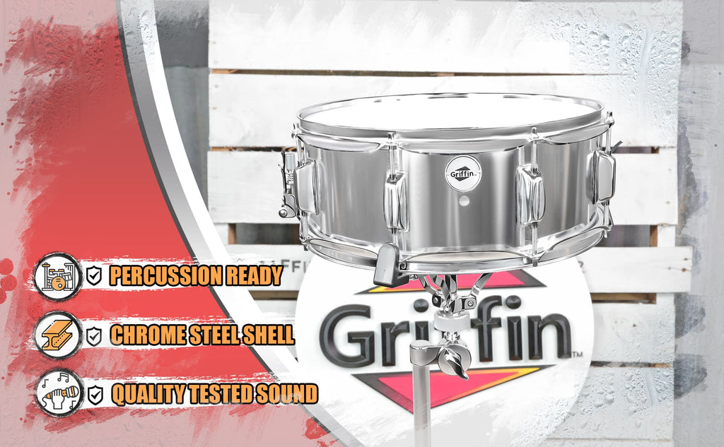 Metal Snare Drum by GRIFFIN - 14" x 5.5" inch Steel Chrome Shell - 8 Tuning Lugs & Snare Throw Off Strainer Set - Musical Instrument Kit & Drummer Key GeekStands.com