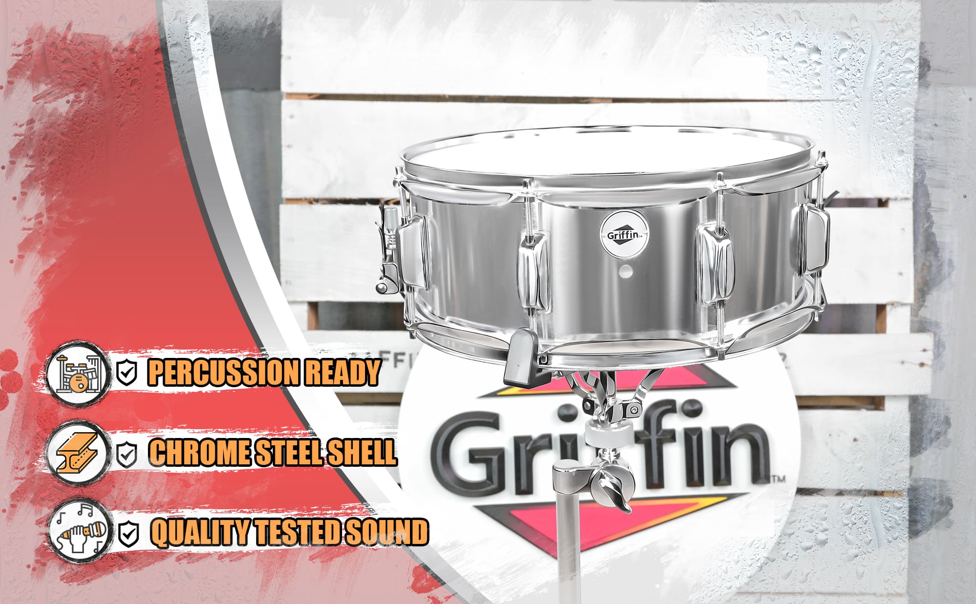 Metal Snare Drum by GRIFFIN | 14" x 5.5" inch Steel Chrome Shell | 8 Tuning Lugs & Snare Throw Off Strainer Set | Musical Instrument Kit & Drummers Key | Marching Percussion Hardware & Drum White Head GeekStands.com