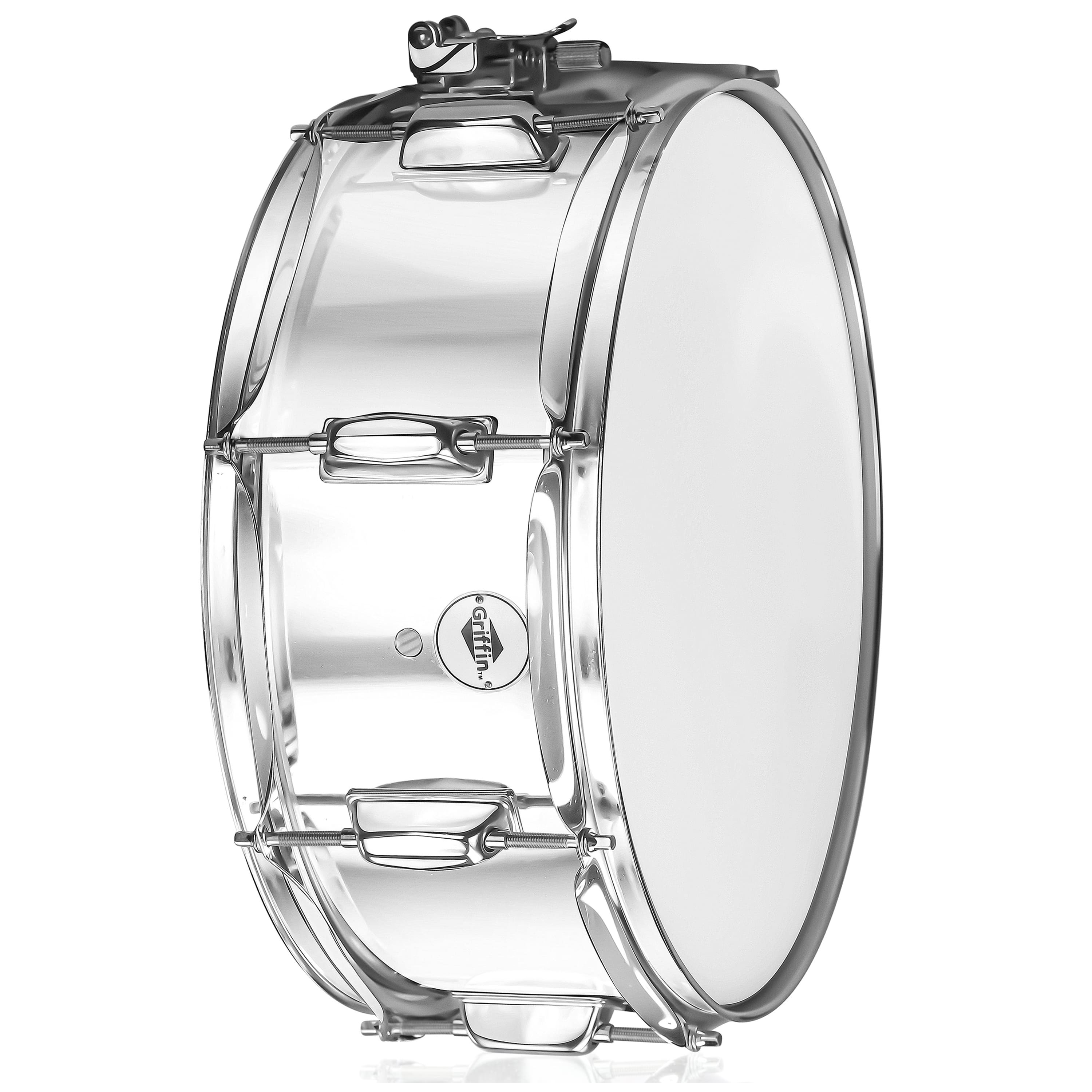 Metal Snare Drum by GRIFFIN | 14" x 5.5" inch Steel Chrome Shell | 8 Tuning Lugs & Snare Throw Off Strainer Set | Musical Instrument Kit & Drummers Key | Marching Percussion Hardware & Drum White Head GeekStands.com