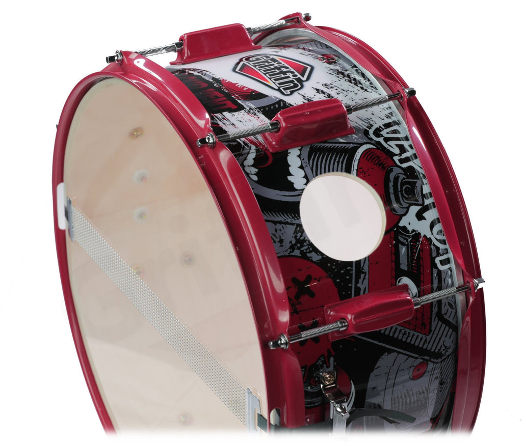 GRIFFIN Snare Drum Birch Wood Shell 14 X 6.5 Inch | Oversize 2.5" Large Vents & Custom Graphic Wrap (Limited Edition) | Red Hardware & Marching Drummers Key for Students & Pros | 8 Metal Tuning Lugs GeekStands.com