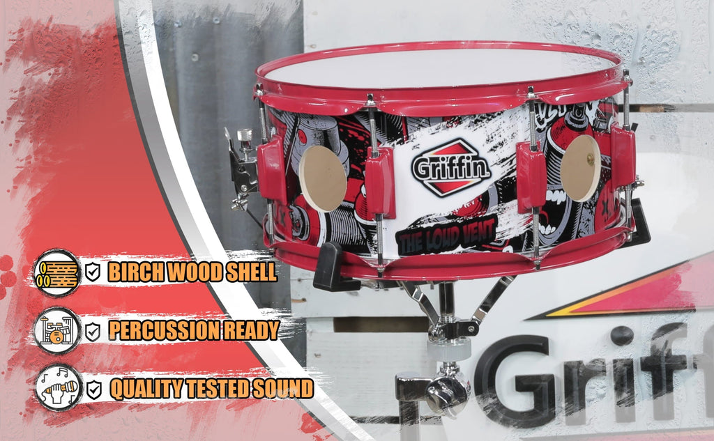 GRIFFIN Snare Drum Birch Wood Shell 14 X 6.5 Inch | Oversize 2.5" Large Vents & Custom Graphic Wrap (Limited Edition) | Red Hardware & Marching Drummers Key for Students & Pros | 8 Metal Tuning Lugs GeekStands.com