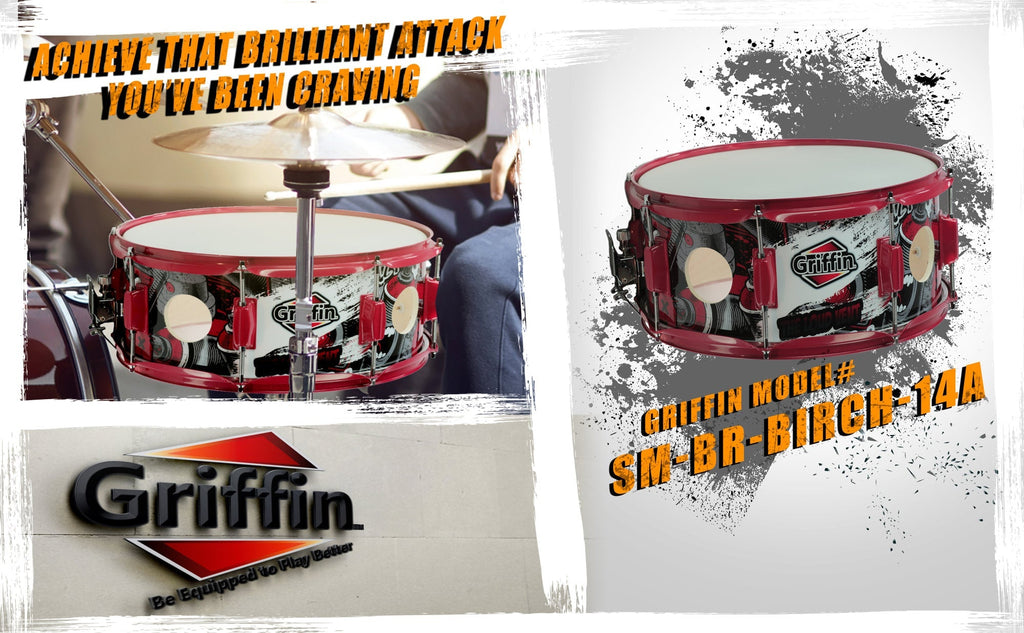 GRIFFIN Snare Drum Birch Wood Shell 14 X 6.5 Inch - Oversize 2.5" Large Vents & Custom Graphic Wrap (Limited Edition) - Red Hardware, 8 Tuning Lugs GeekStands.com