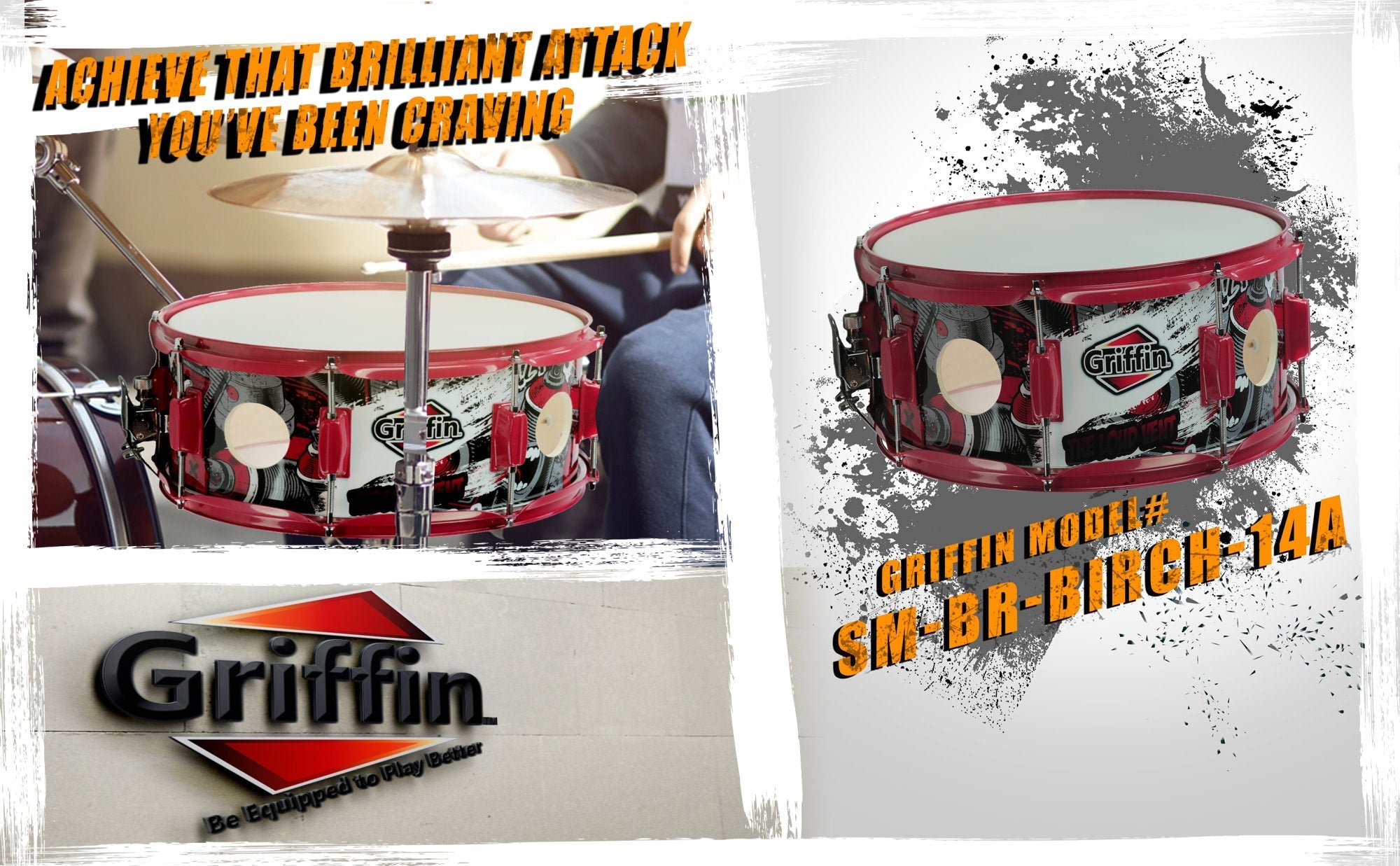 GRIFFIN Snare Drum Birch Wood Shell 14 X 6.5 Inch - Oversize 2.5" Large Vents & Custom Graphic Wrap (Limited Edition) - Red Hardware, 8 Tuning Lugs GeekStands.com