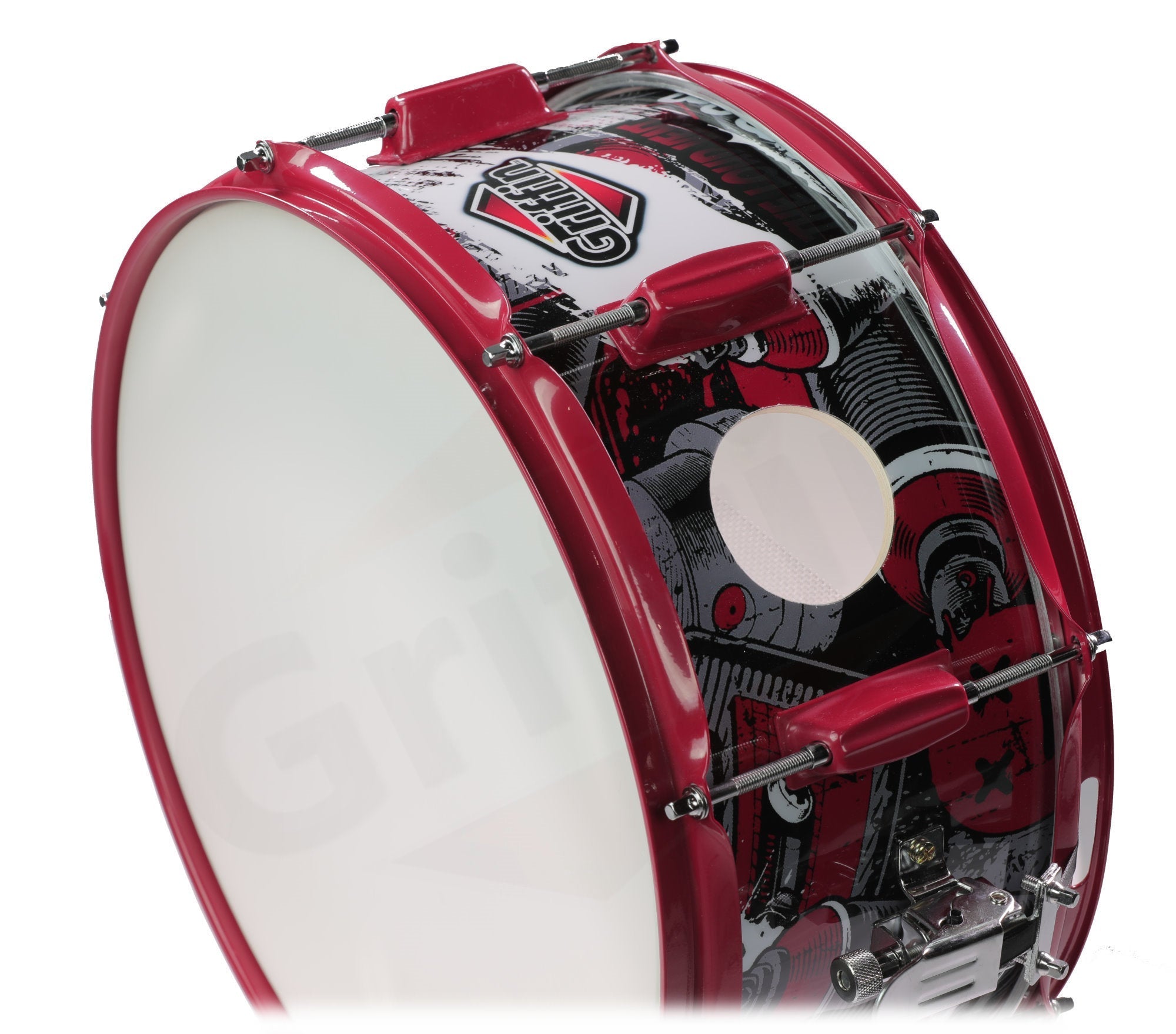 GRIFFIN Snare Drum Birch Wood Shell 14 X 6.5 Inch - Oversize 2.5" Large Vents & Custom Graphic Wrap (Limited Edition) - Red Hardware, 8 Tuning Lugs GeekStands.com