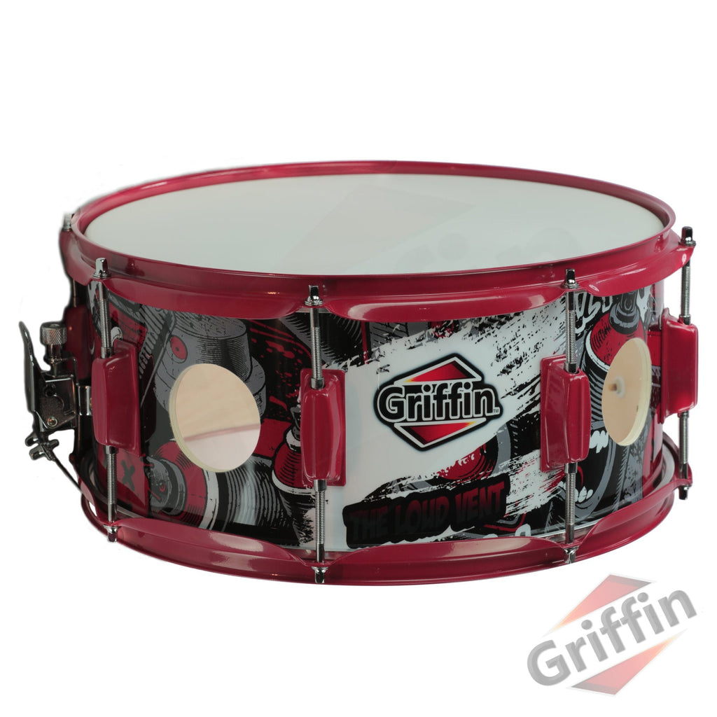 GRIFFIN Snare Drum Birch Wood Shell 14 X 6.5 Inch - Oversize 2.5" Large Vents & Custom Graphic Wrap (Limited Edition) - Red Hardware, 8 Tuning Lugs GeekStands.com