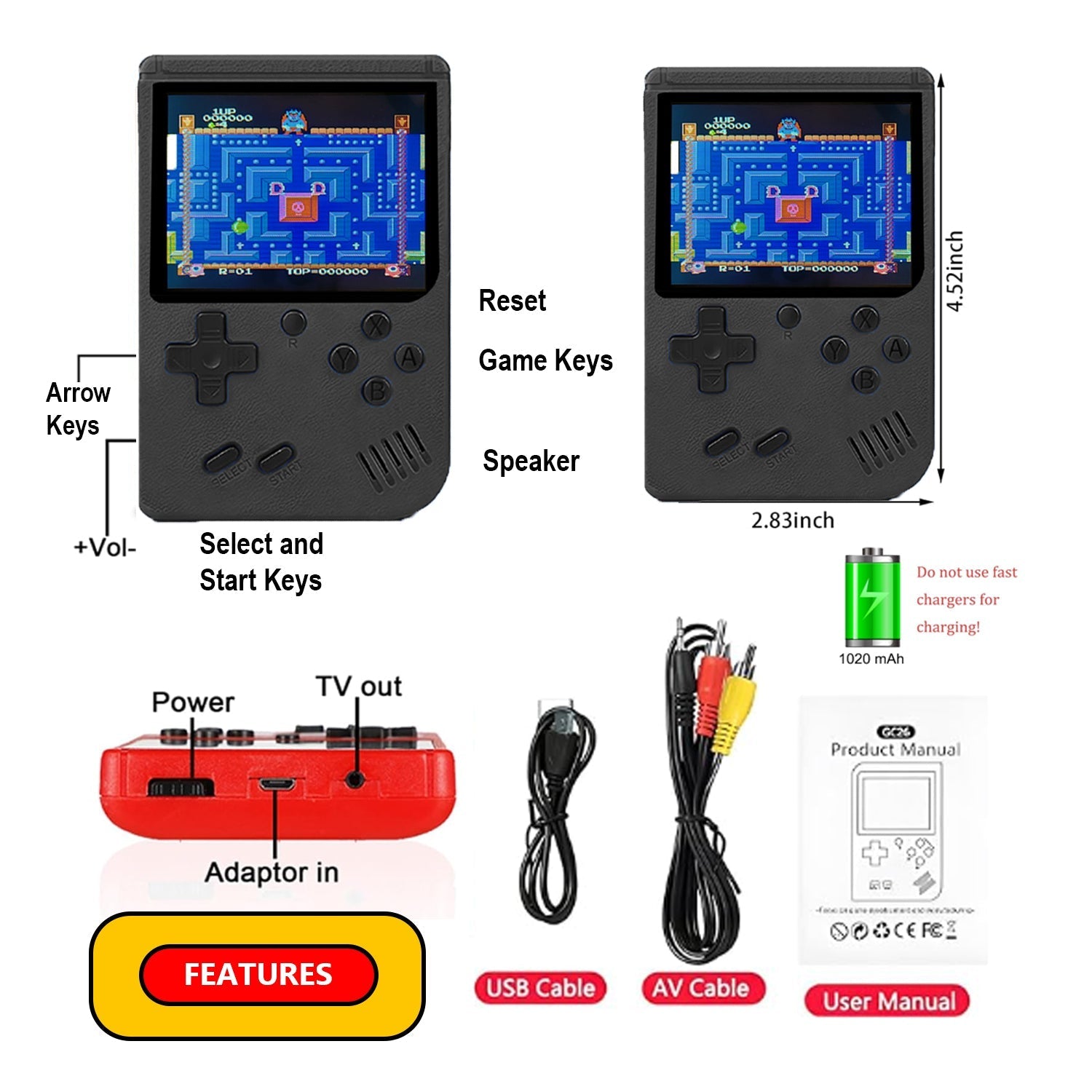 Handheld Video Game Console for Kids Portable Player Mini Arcade Electronic Toy, 400 Games Black The Noodley