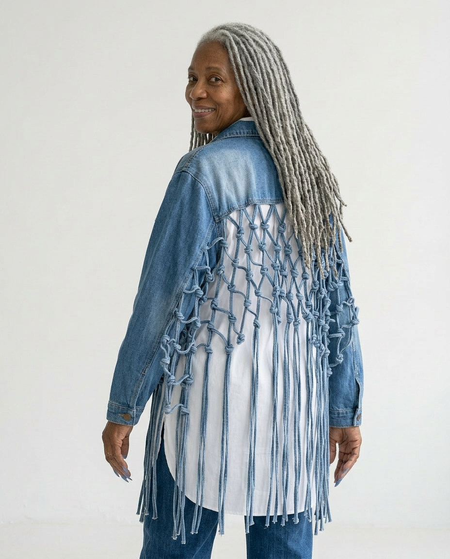 Bold Woven Tassel Denim Jacket Boho Brown