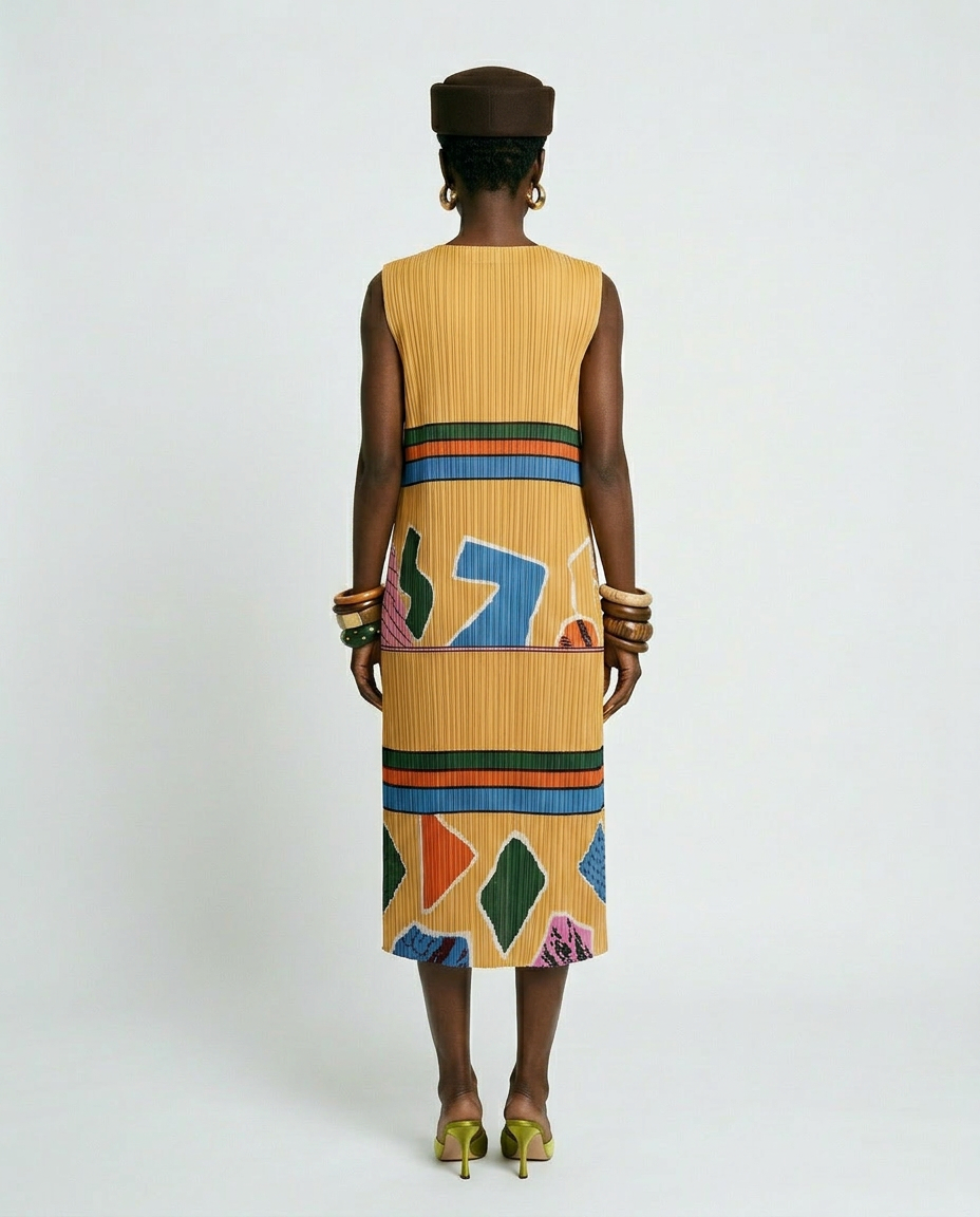 Vibrant Geometric Pleated Midi Dress Boho Brown