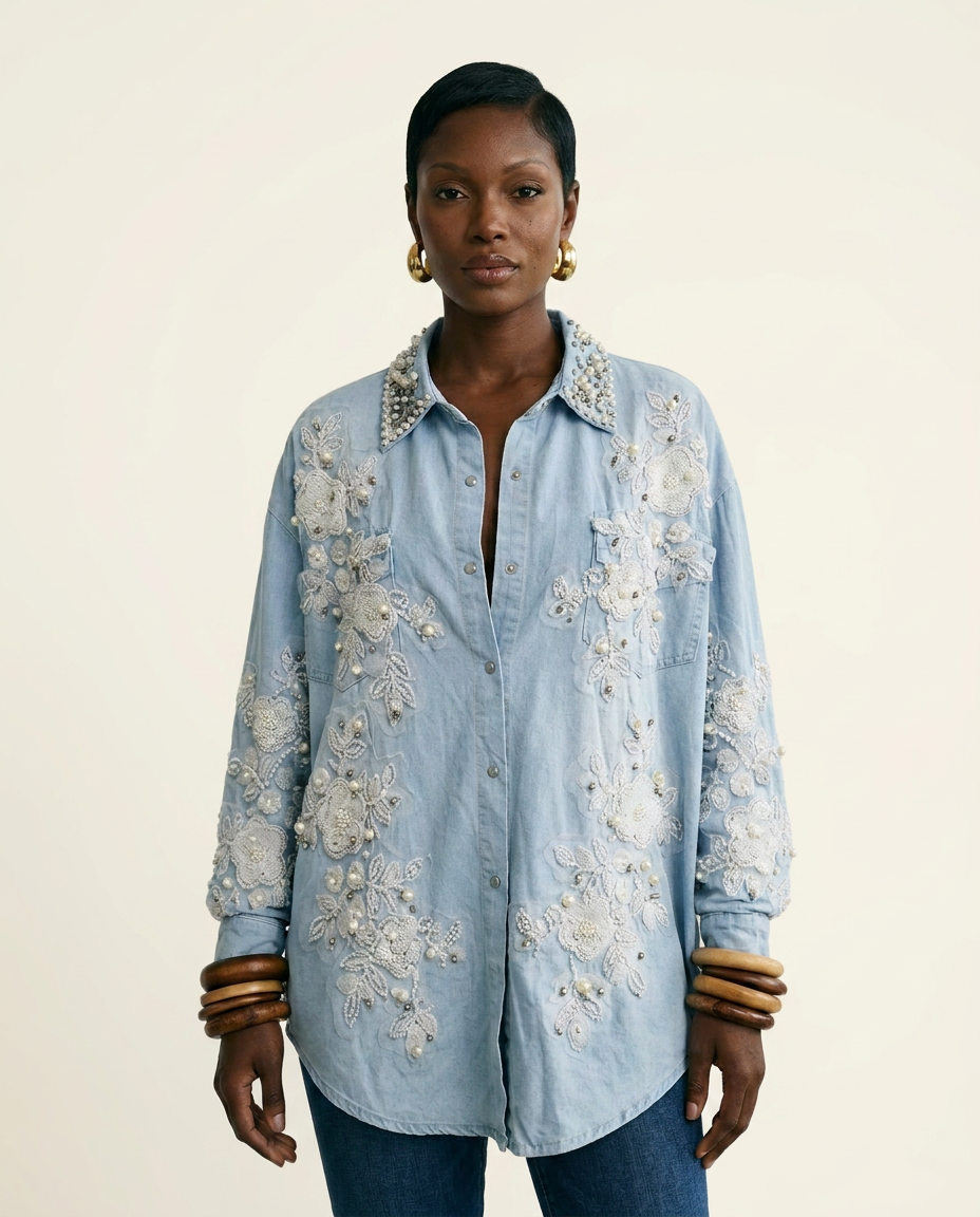 Divine Pearl Floral Denim Blouse Boho Brown
