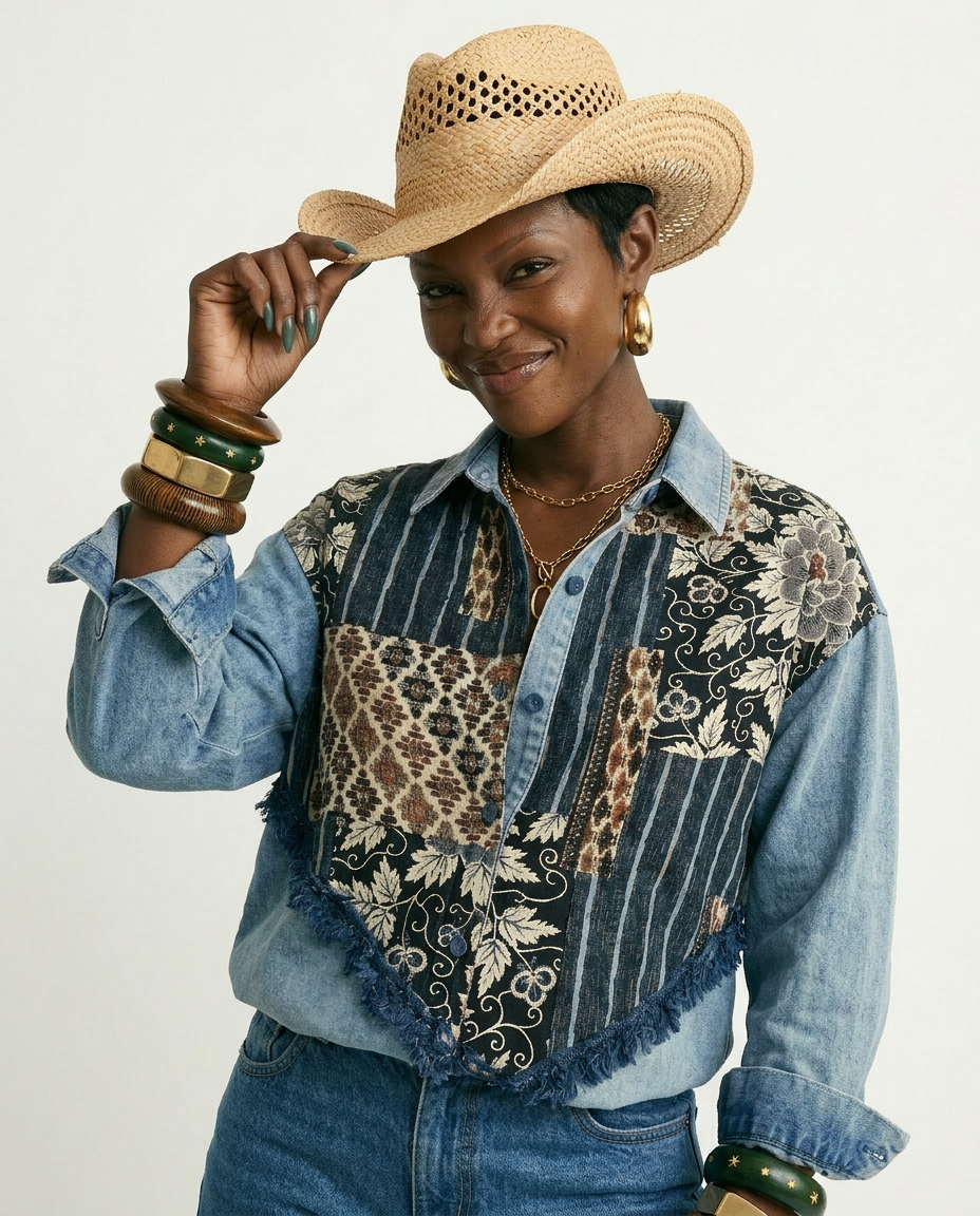Free Spirit Patchwork Denim Blouse Boho Brown