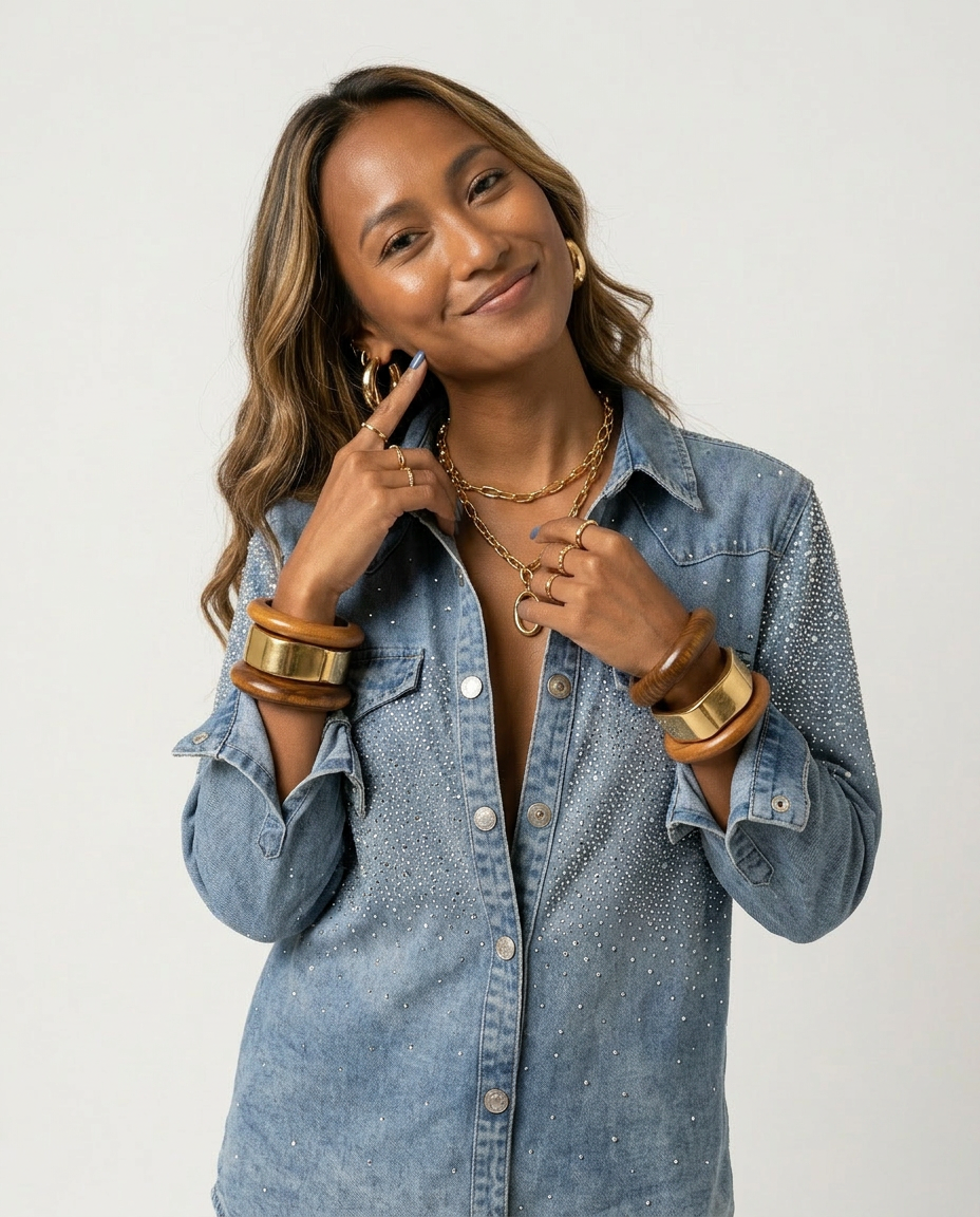Radiant Rhinestone Denim Shirt Boho Brown