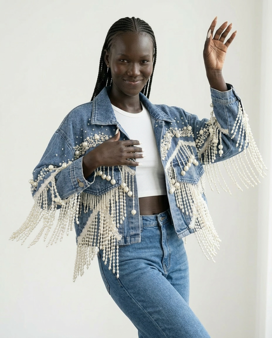 Wild Heart Pearl Tassel Denim Jacket Boho Brown