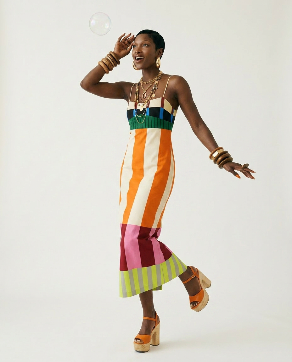 Vibrant Striped Bodycon Maxi Dress Boho Brown