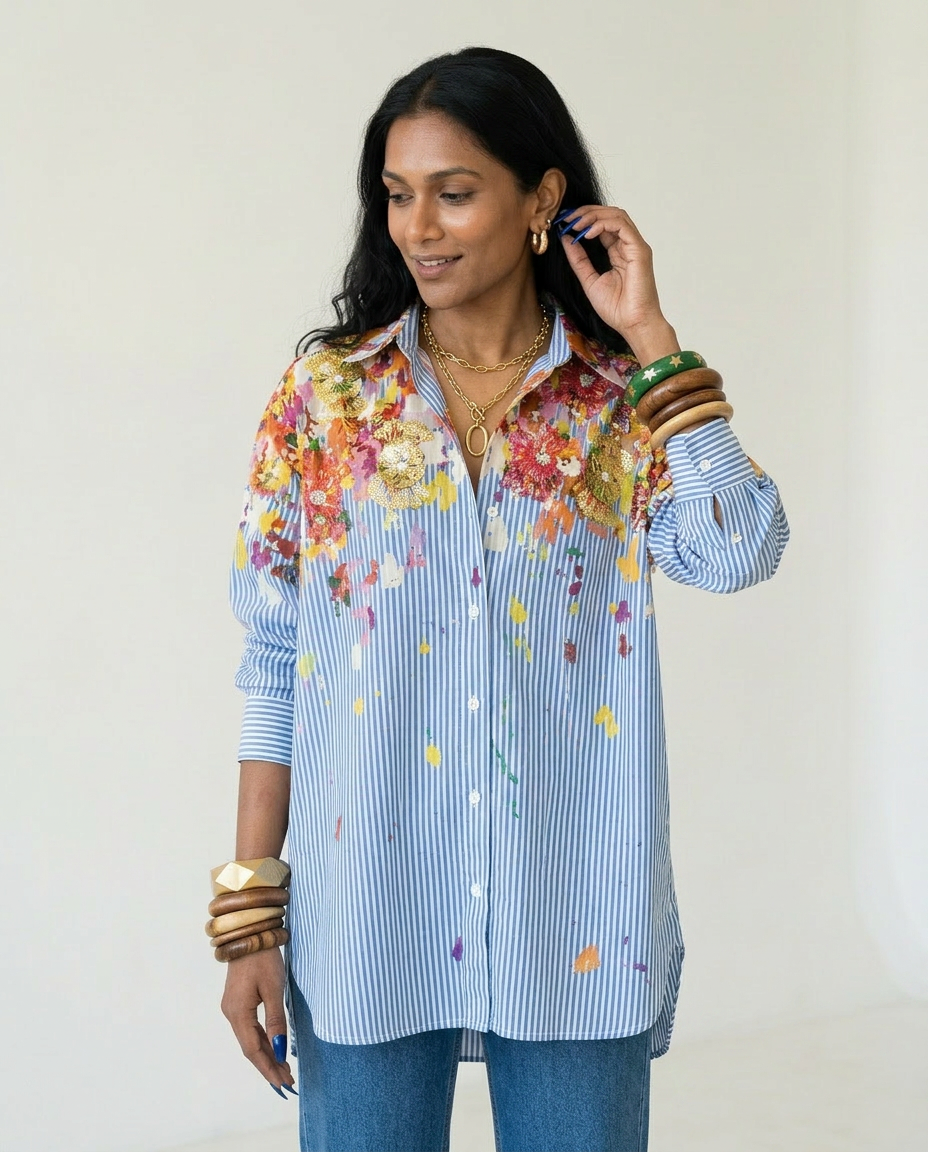 Spirited Striped Floral Blouse Boho Brown