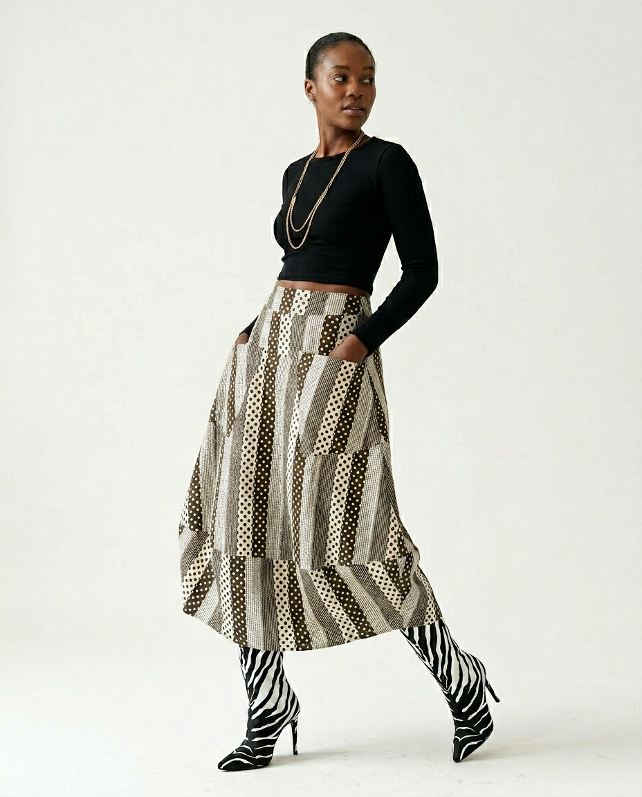 Unique Dot Striped A-Line Skirt Boho Brown