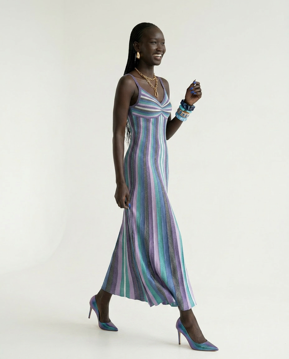 Vibrant Striped Knit Midi Dress Boho Brown