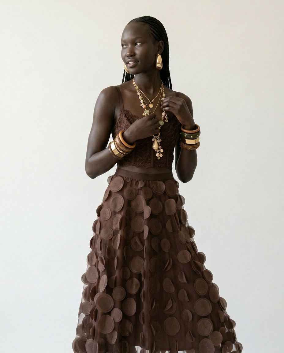 Radiant Meshed Polka Dot Two-Piece Set Boho Brown