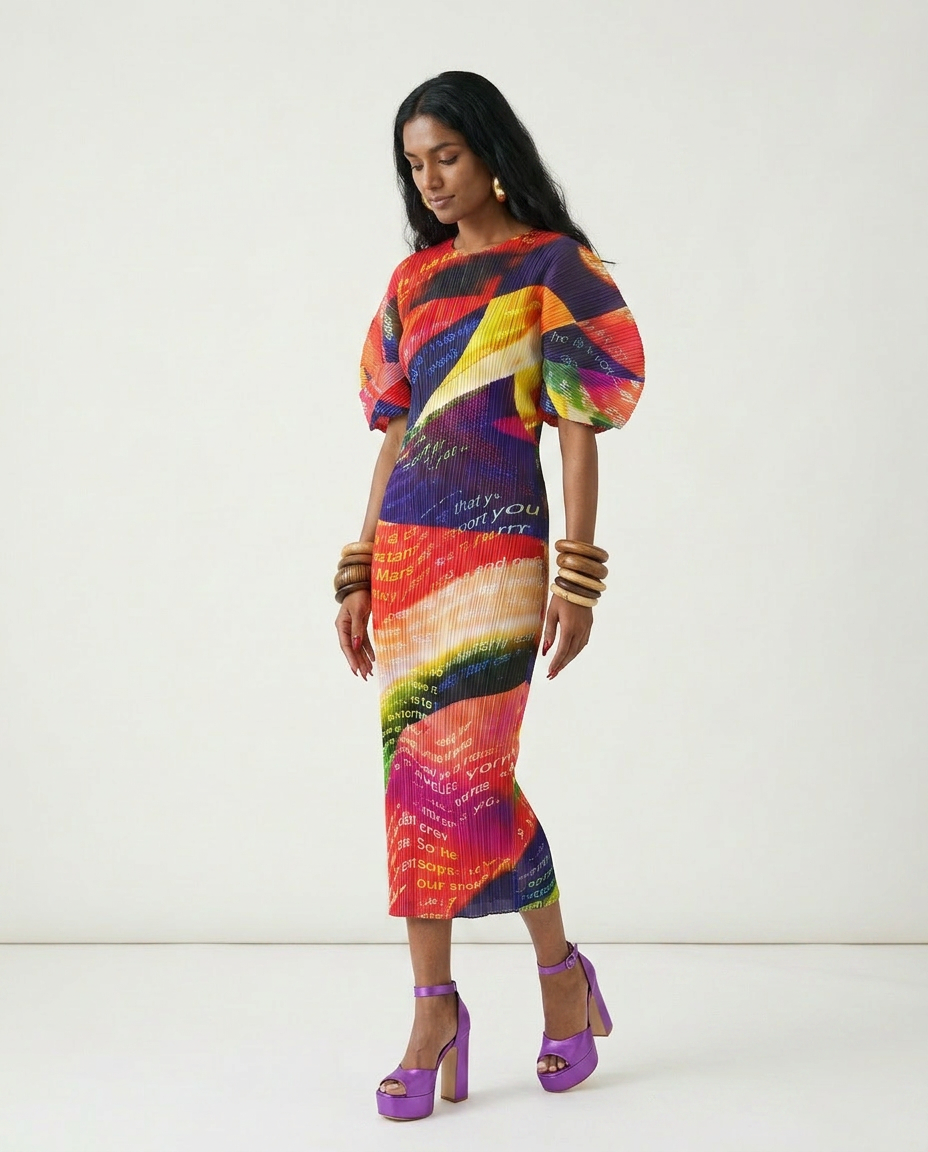 Vibrant Printed Pleated Maxi Dress Boho Brown