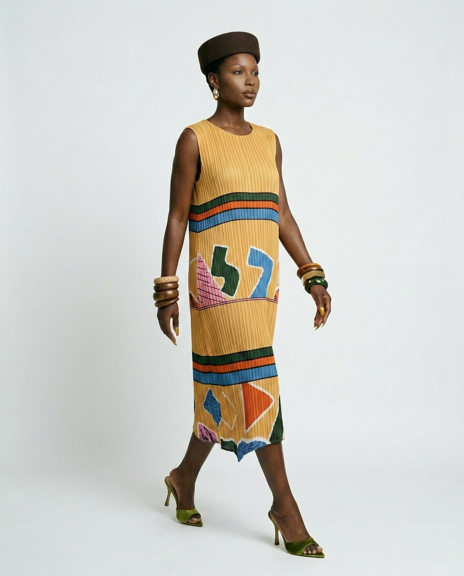 Vibrant Geometric Pleated Midi Dress Boho Brown