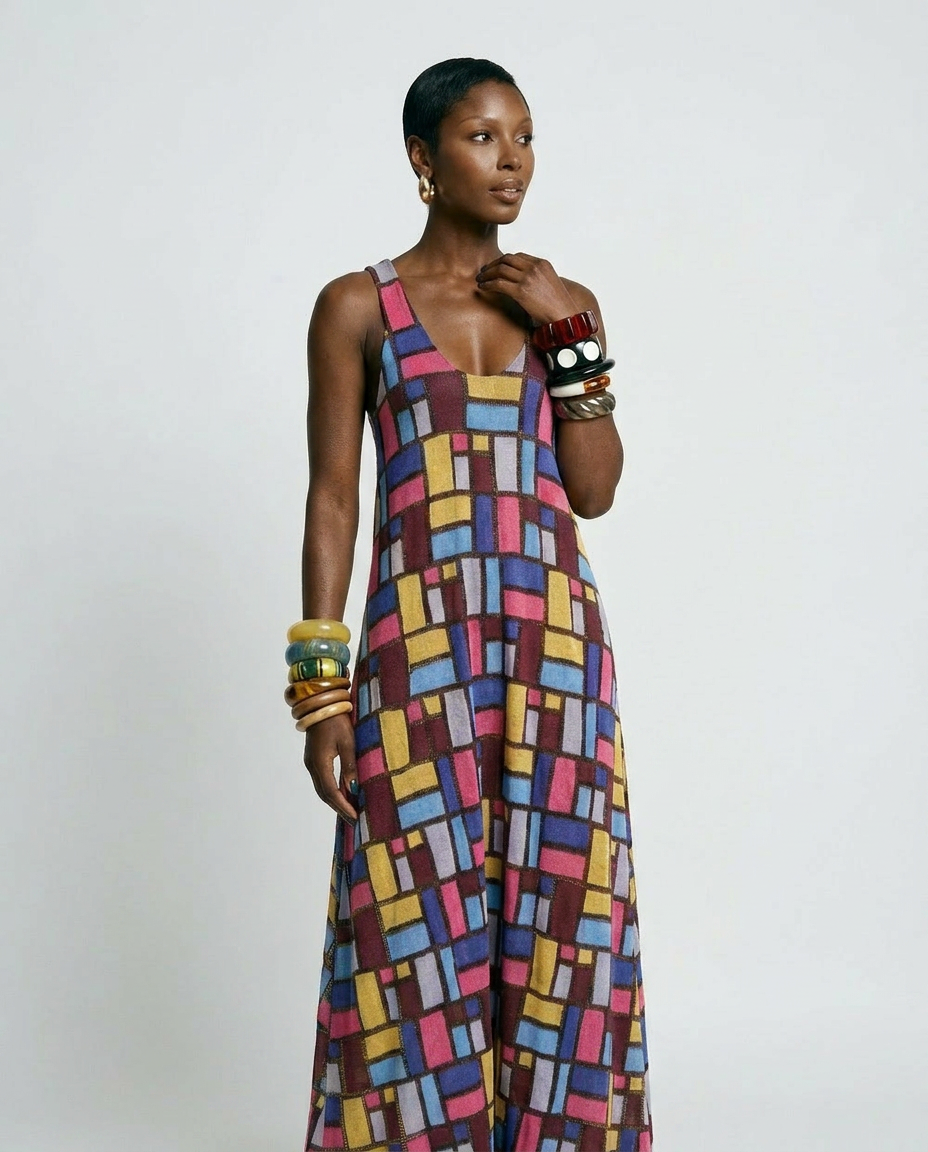 Vibrant Geometric Print Maxi Dress Boho Brown