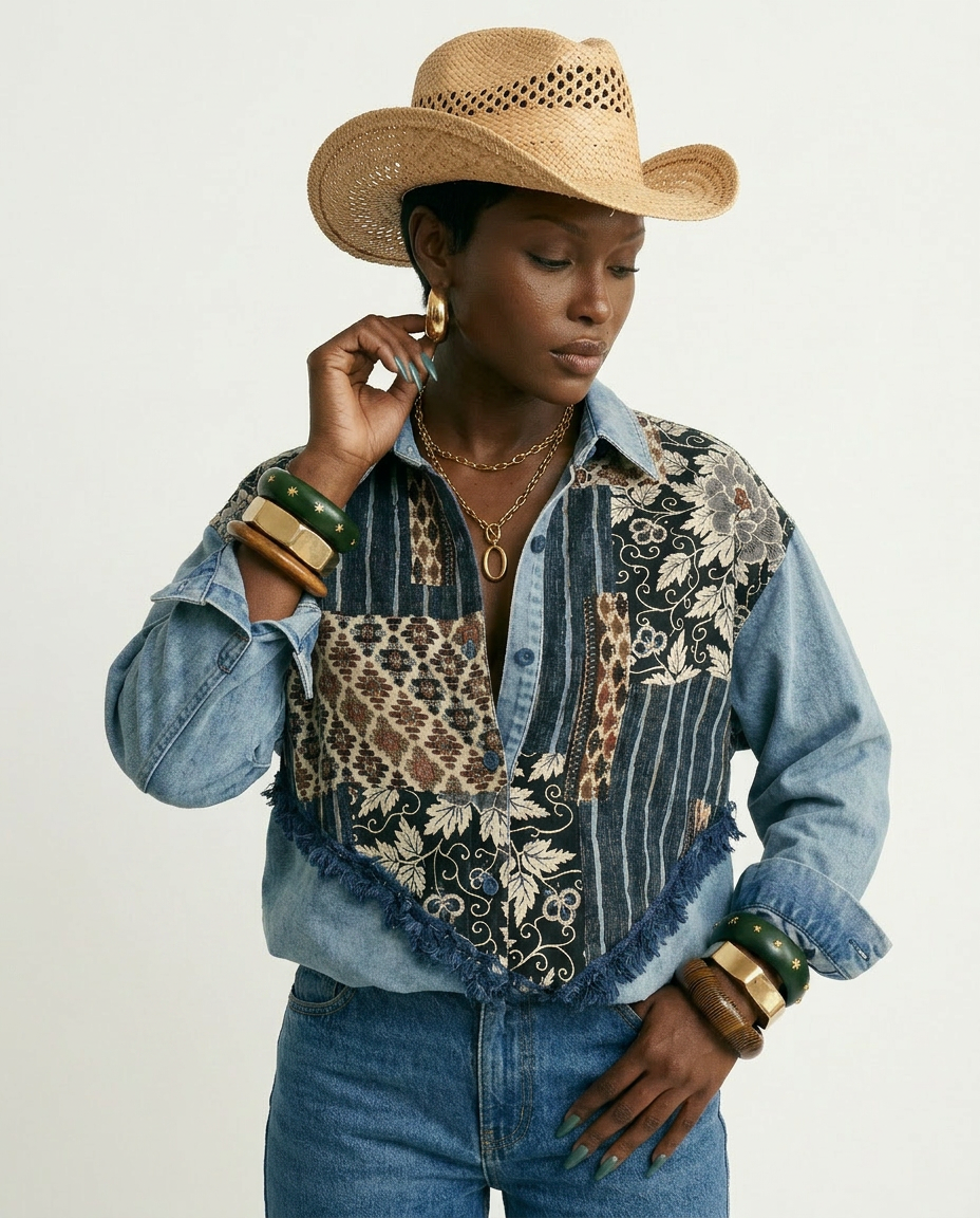 Free Spirit Patchwork Denim Blouse Boho Brown