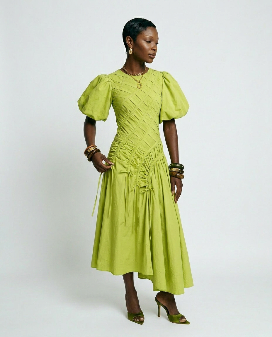 Vibrant Pleated Puff Sleeve Dress Boho Brown
