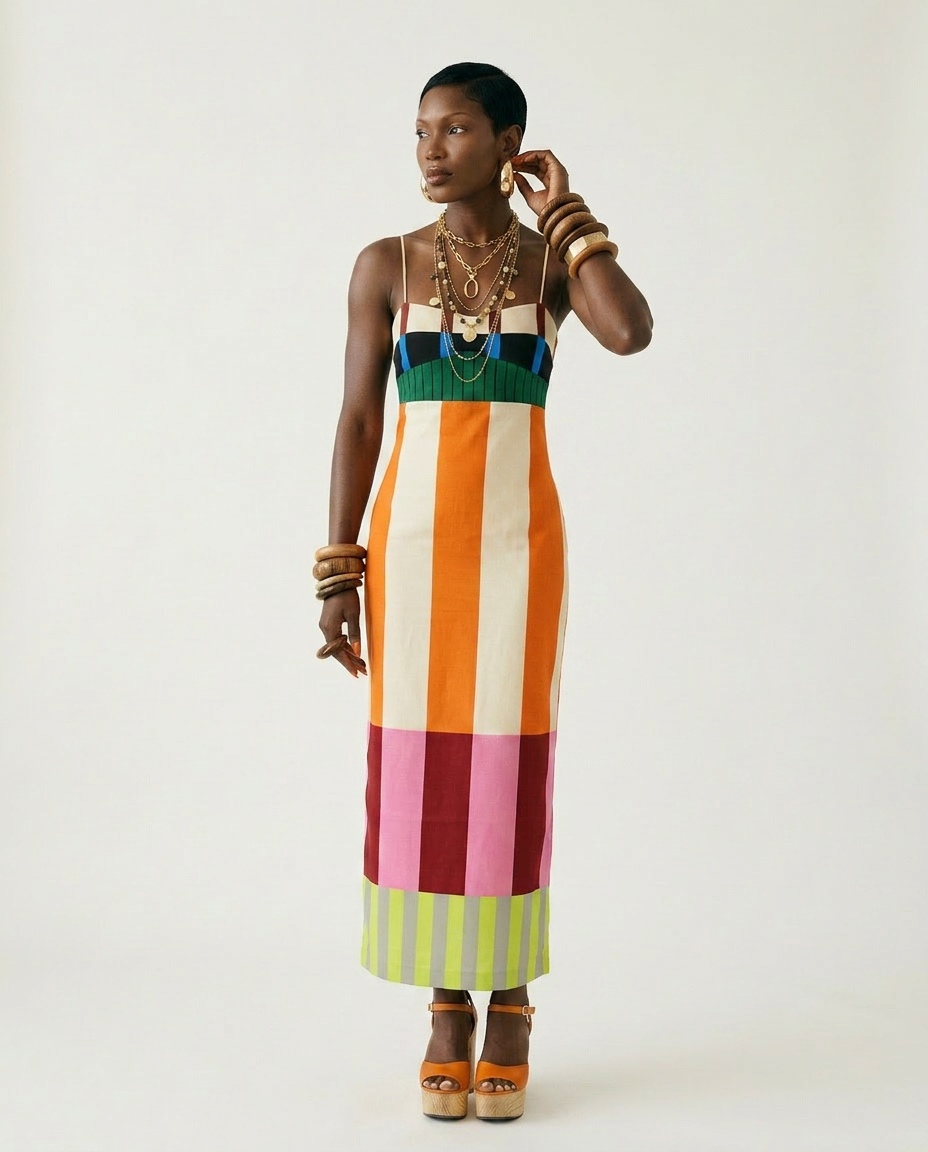 Vibrant Striped Bodycon Maxi Dress Boho Brown