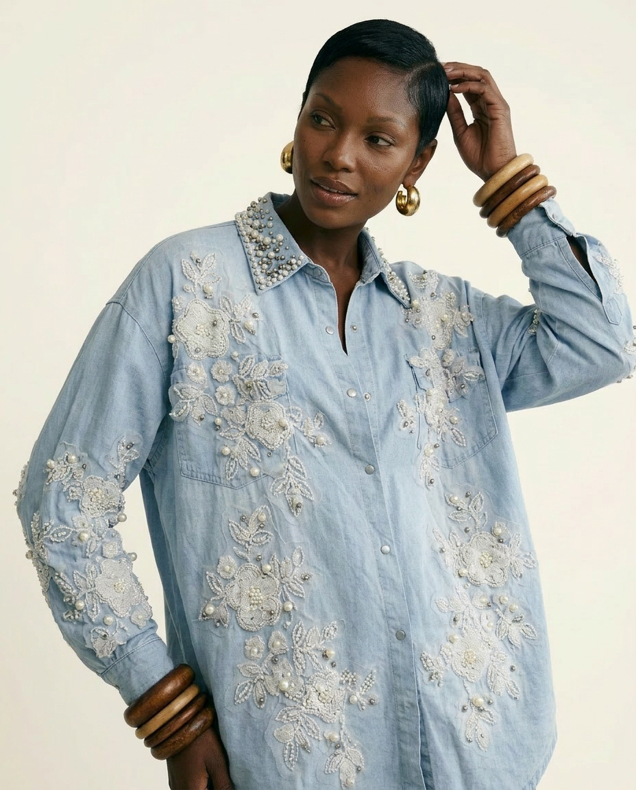 Divine Pearl Floral Denim Blouse Boho Brown