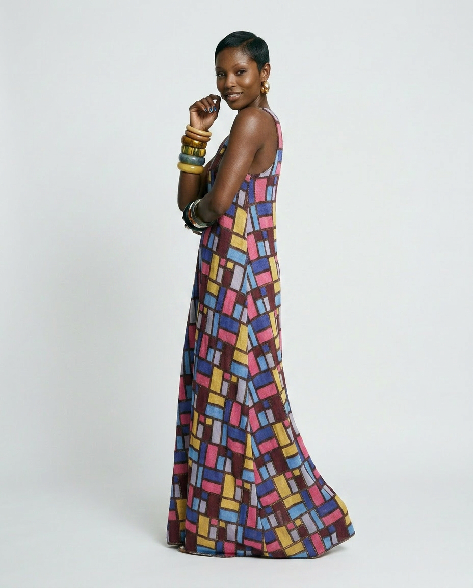 Vibrant Geometric Print Maxi Dress Boho Brown