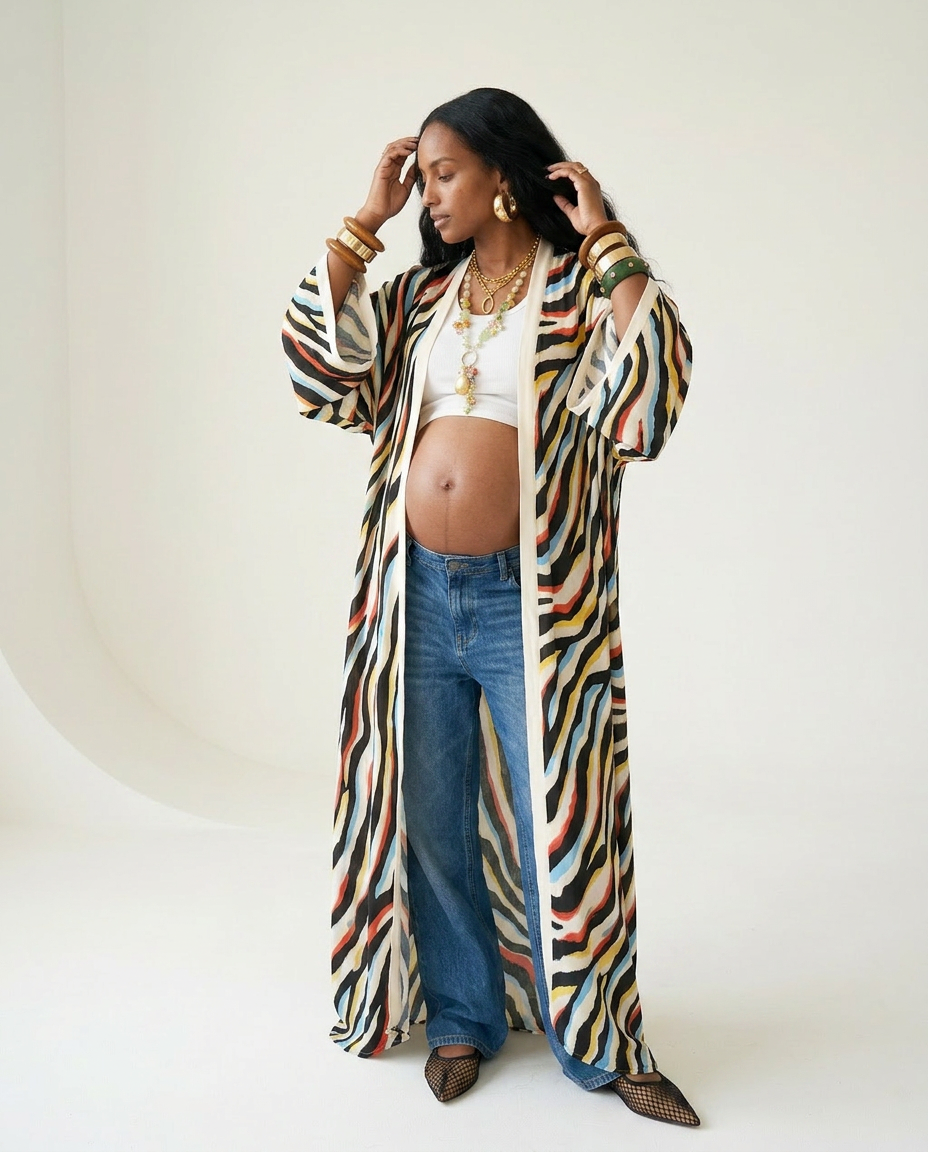 Vibrant Printed Maxi Kimono Boho Brown