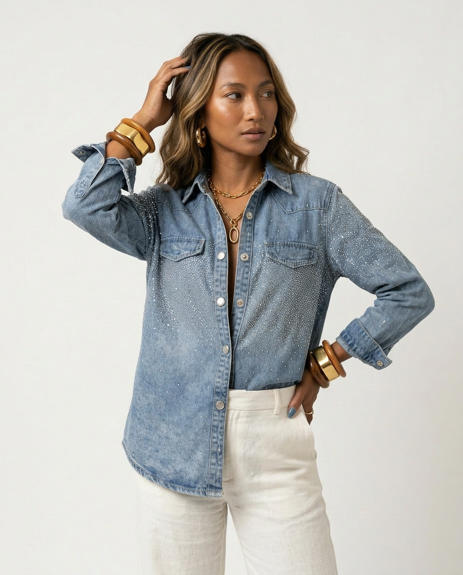 Radiant Rhinestone Denim Shirt Boho Brown