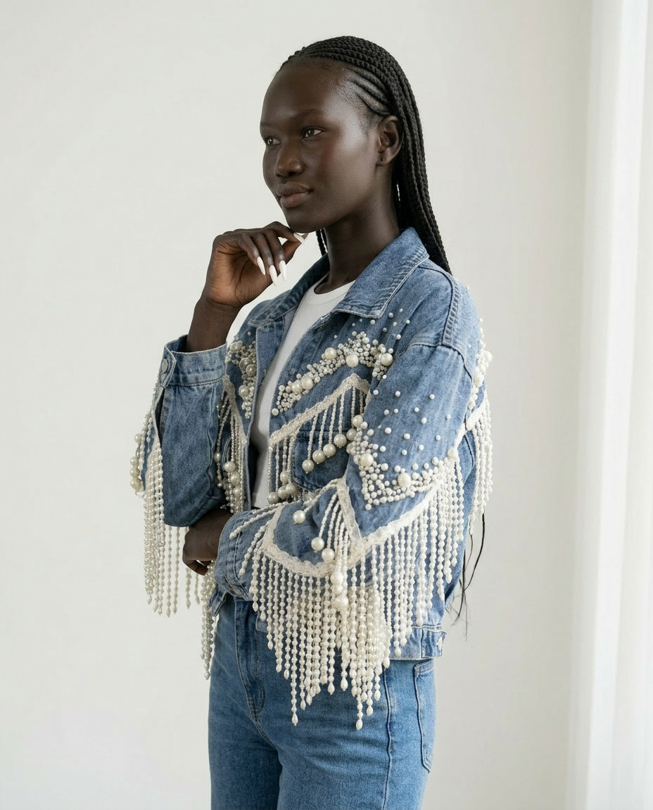 Wild Heart Pearl Tassel Denim Jacket Boho Brown