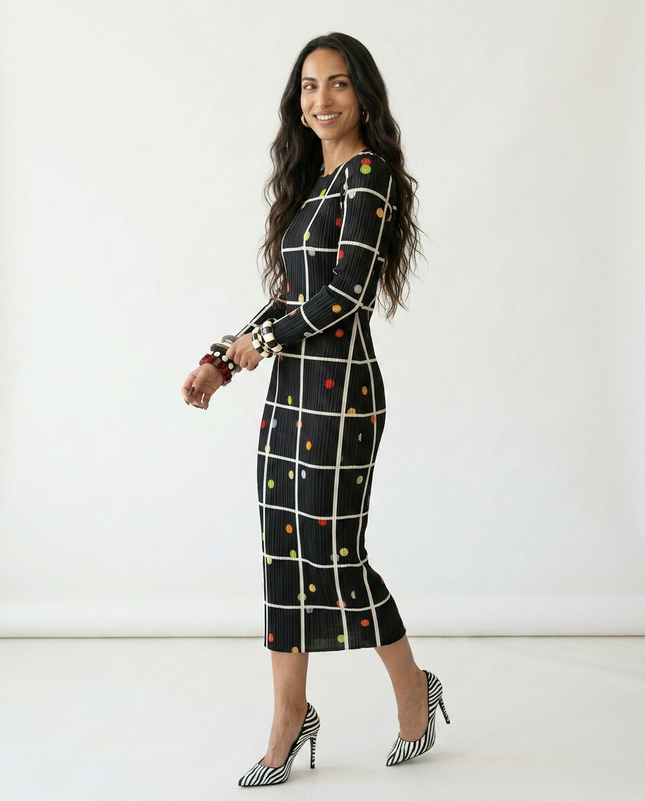 Vibrant Plaid Pleated Maxi Dress Boho Brown