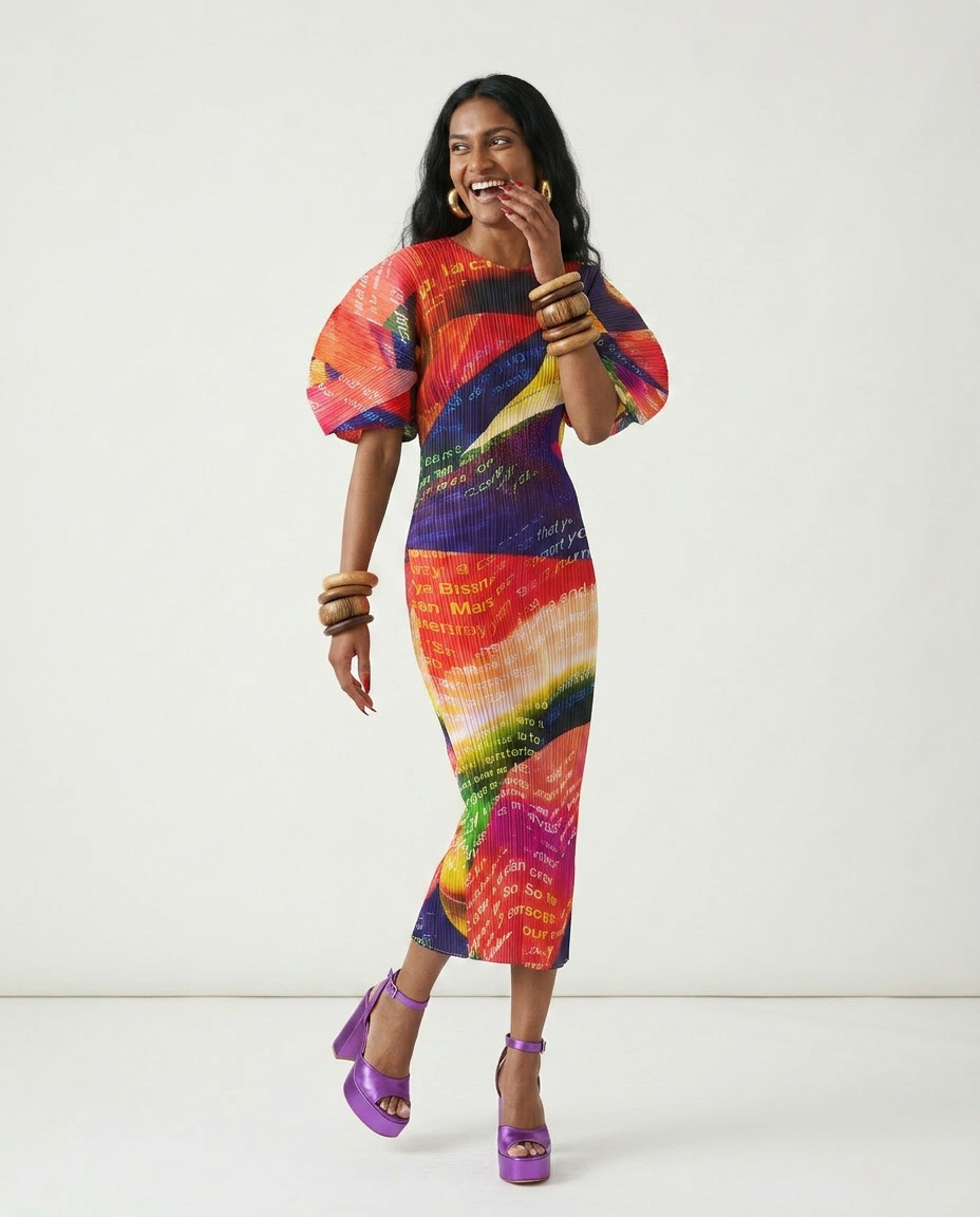 Vibrant Printed Pleated Maxi Dress Boho Brown
