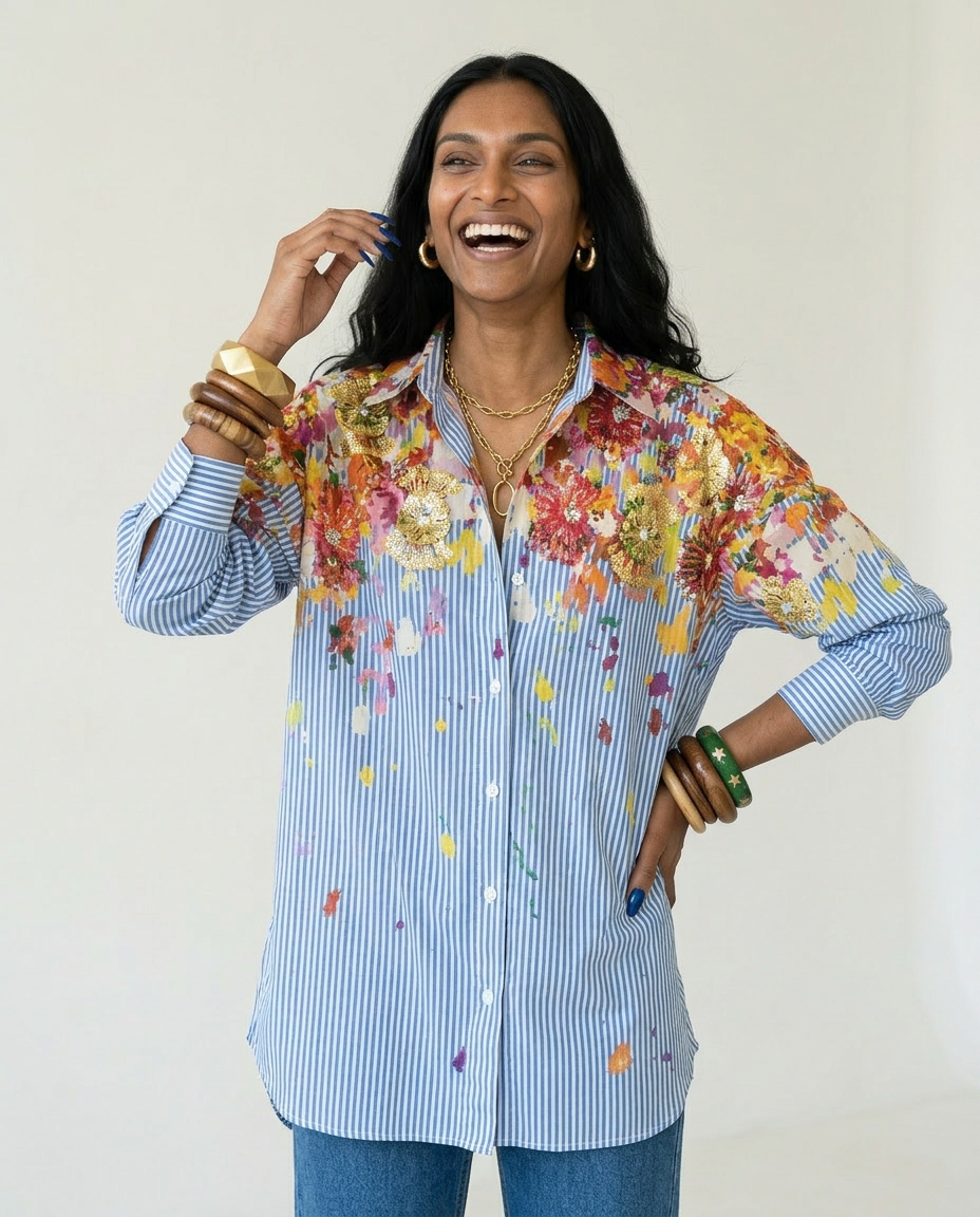 Spirited Striped Floral Blouse Boho Brown