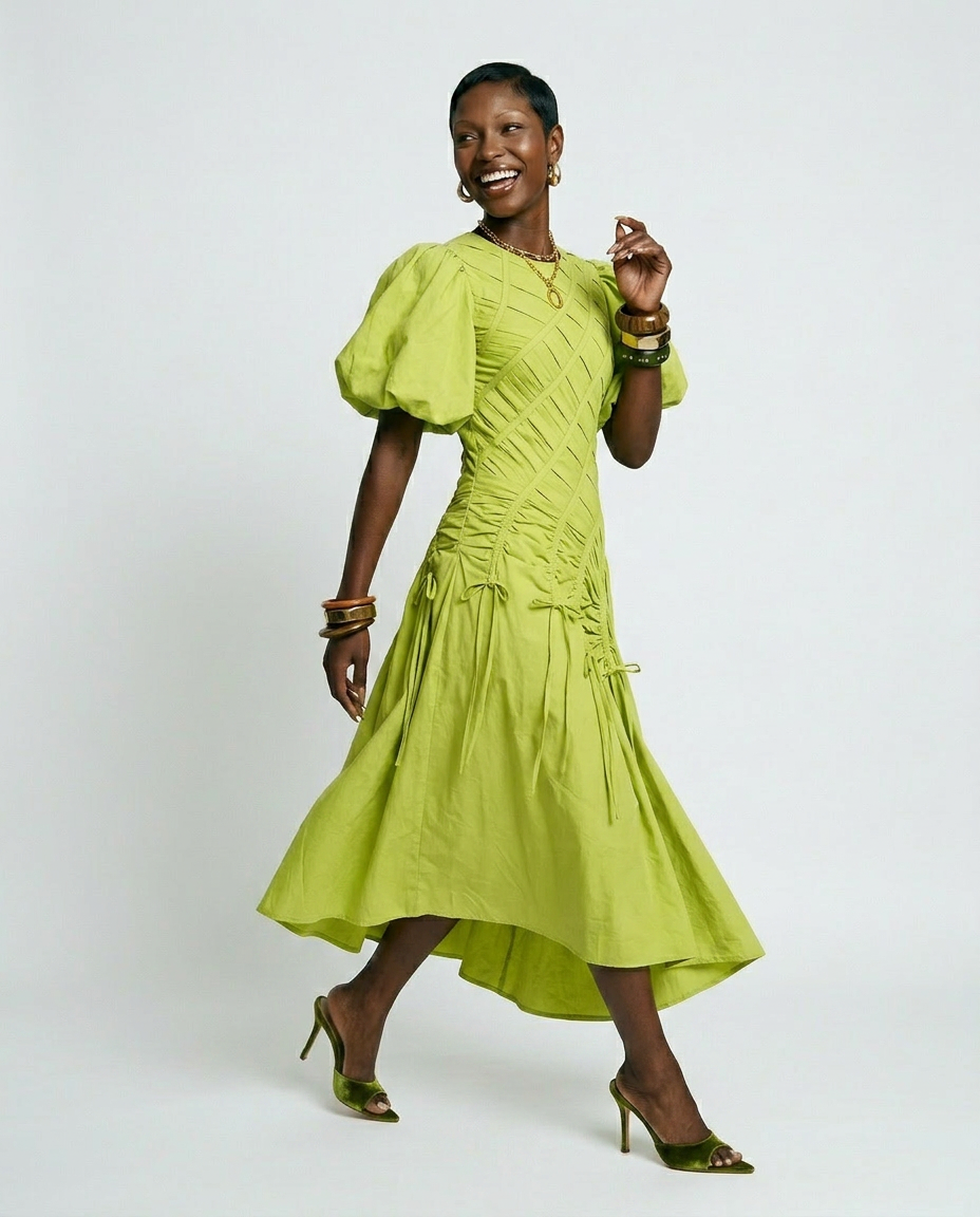 Vibrant Pleated Puff Sleeve Dress Boho Brown