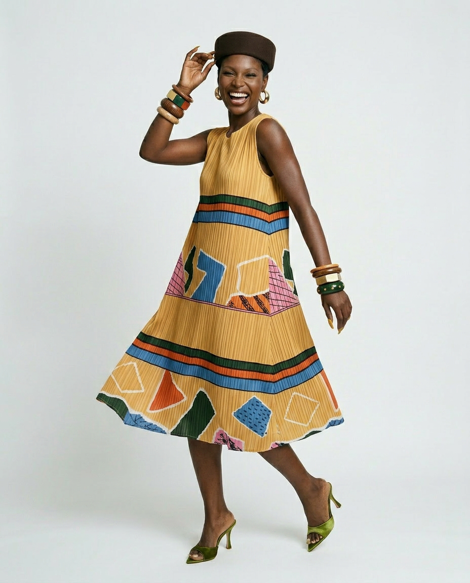 Vibrant Geometric Pleated Midi Dress Boho Brown