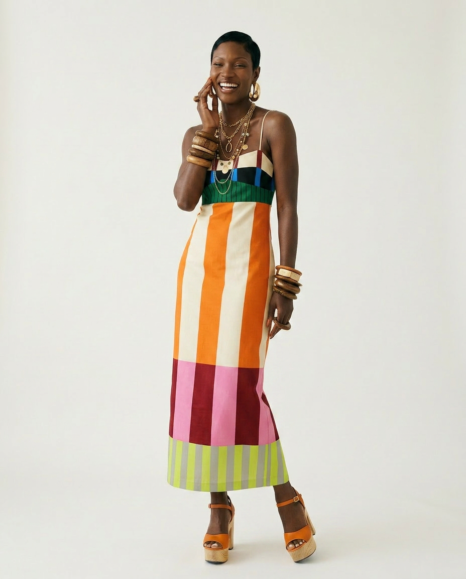Vibrant Striped Bodycon Maxi Dress Boho Brown