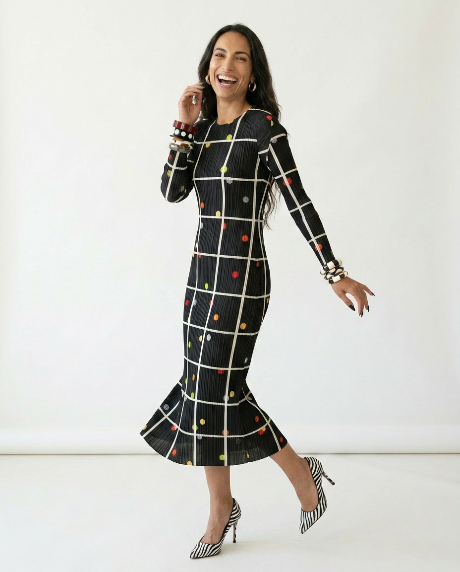 Vibrant Plaid Pleated Maxi Dress Boho Brown