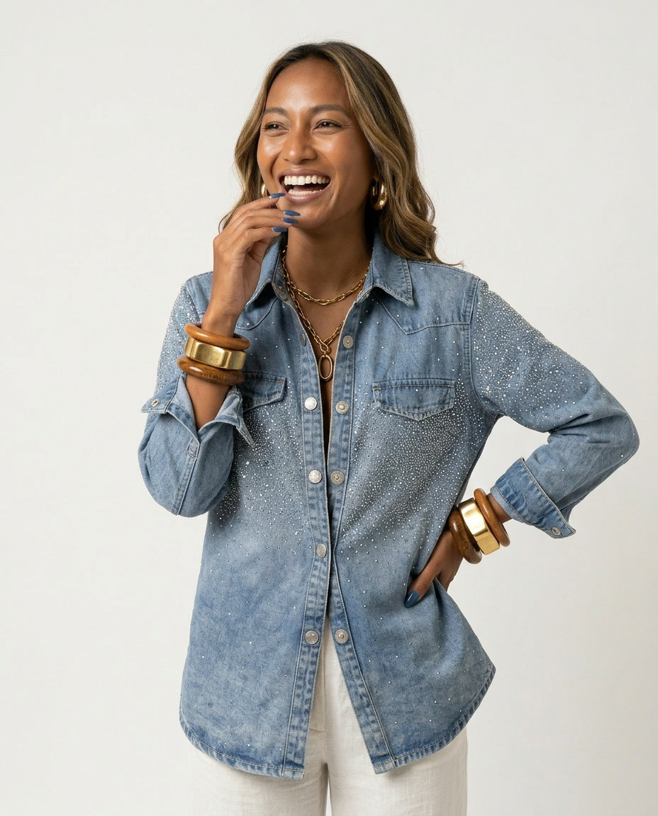 Radiant Rhinestone Denim Shirt Boho Brown