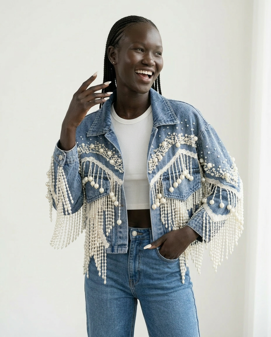 Wild Heart Pearl Tassel Denim Jacket Boho Brown